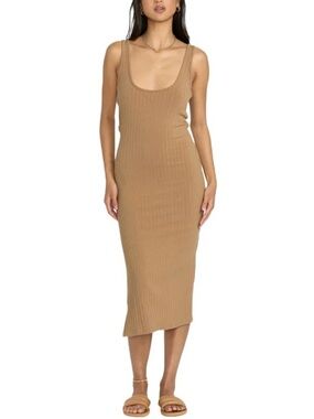 Antistar V-Neck Tube Dress Cut Out Nude Beige Side Slit Stretch NWT